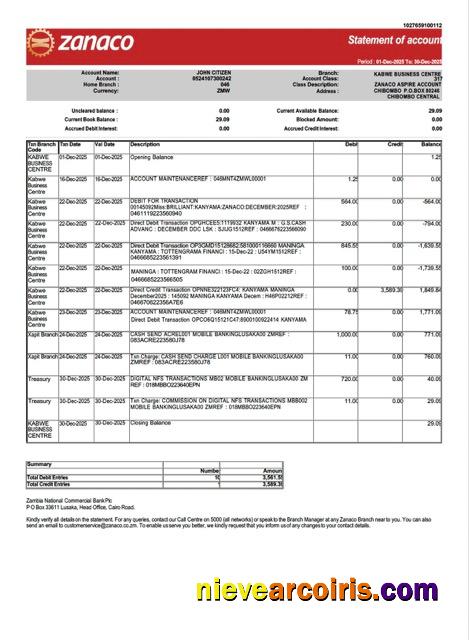 Zambia Zanaco Bank statement of account Word and PDF